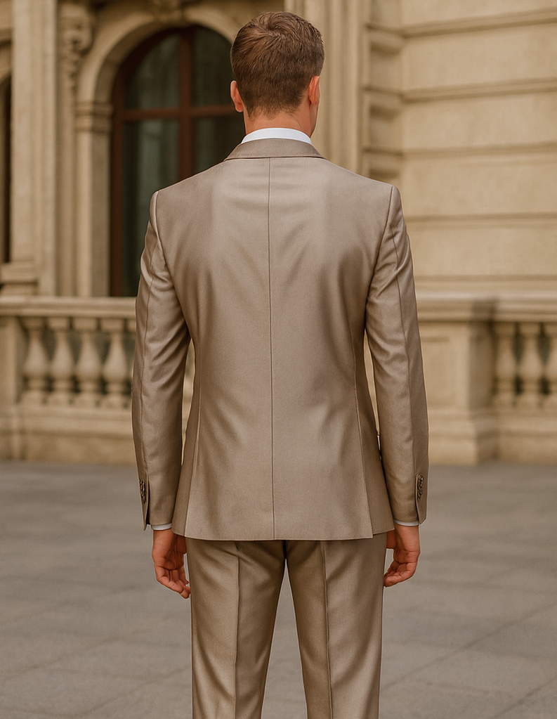 Tan 2 Button Peak Lapel Sharkskin Suit for Men