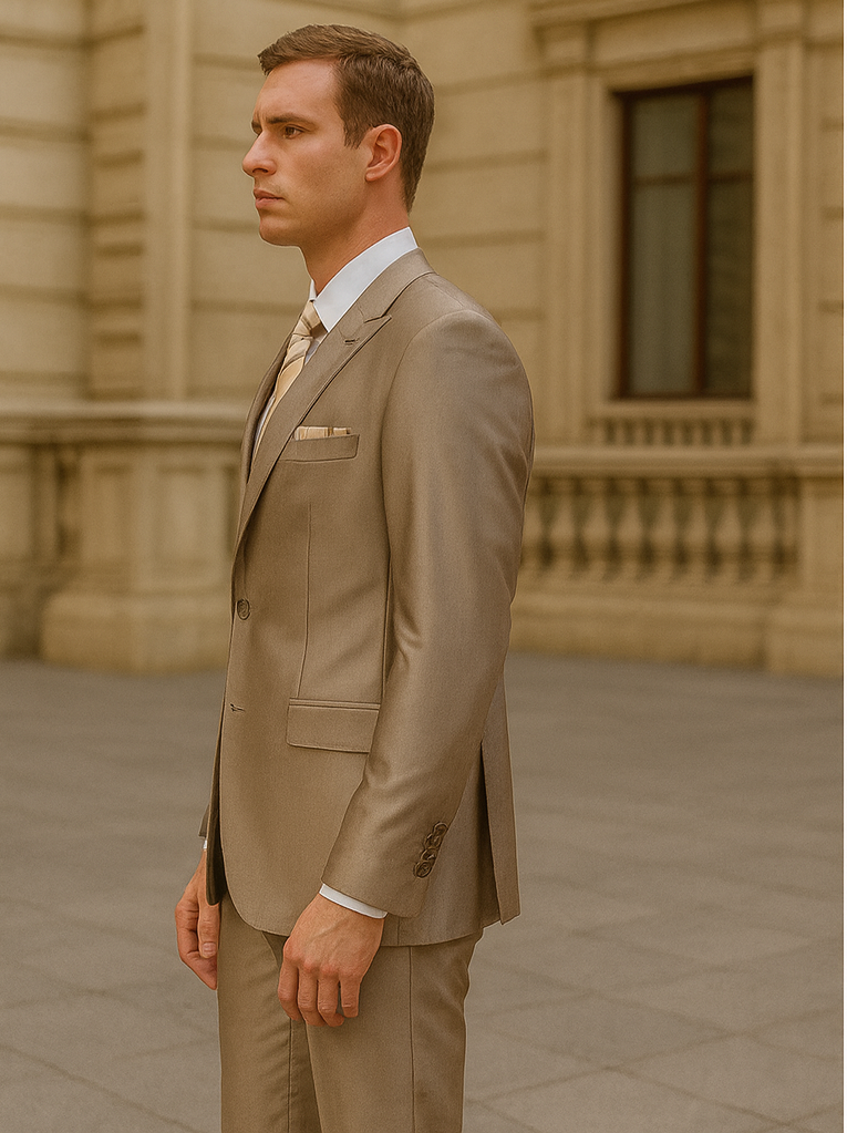 Tan 2 Button Peak Lapel Sharkskin Suit for Men