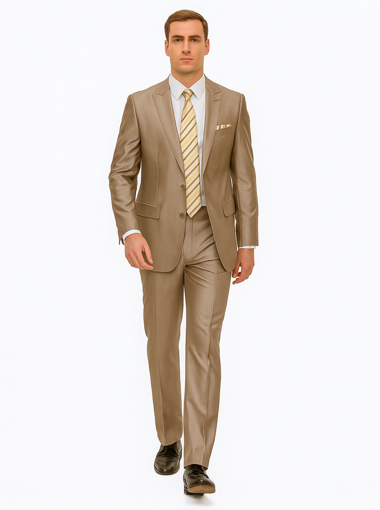 Tan 2 Button Peak Lapel Sharkskin Suit for Men