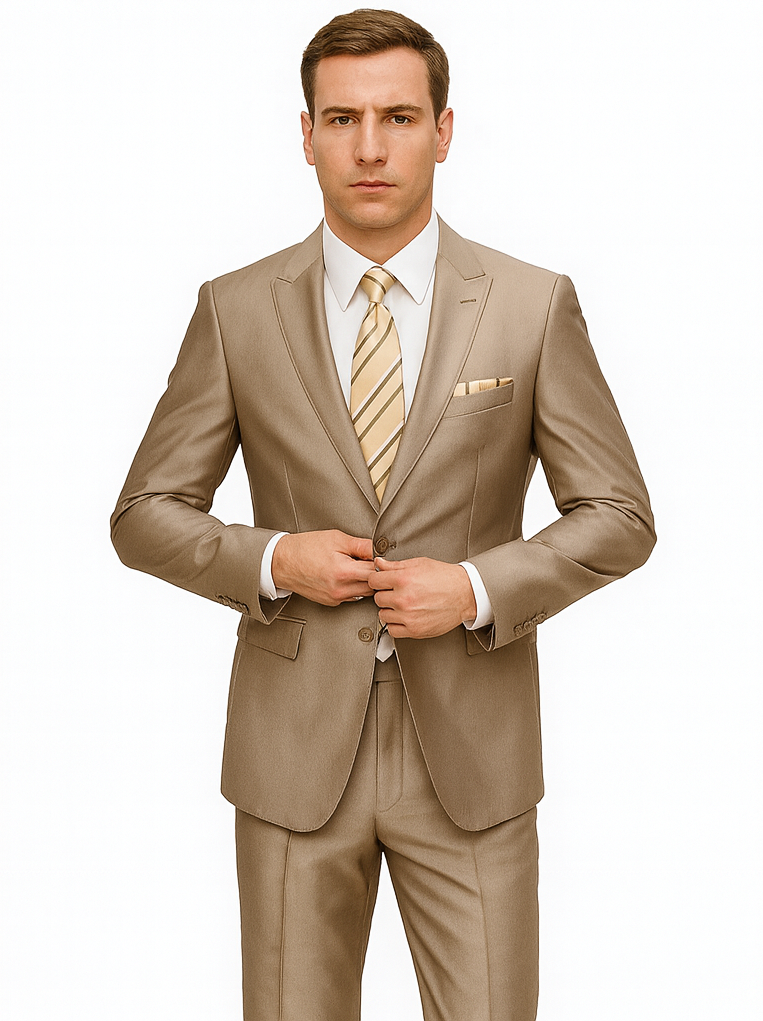Tan 2 Button Peak Lapel Sharkskin Suit for Men