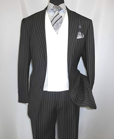 Men's 2 Button Side Vent Pinstripe Double Breasted 3 ~ Three Piece Shawl Collar Black Wedding / Prom Vested Suit