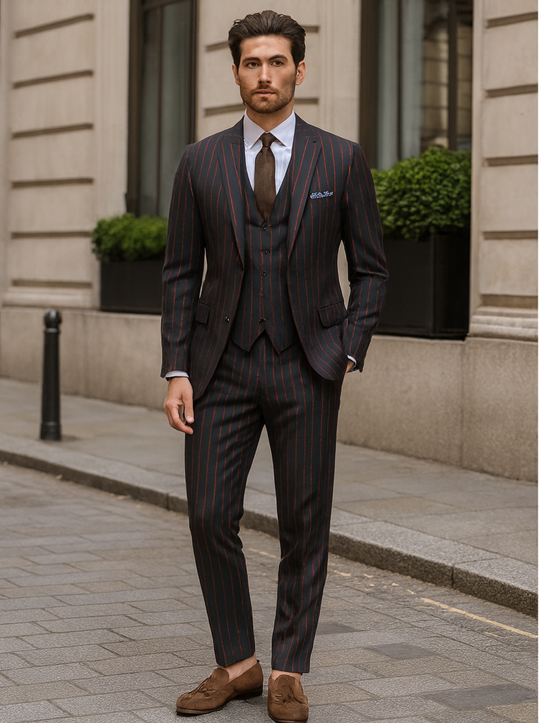 Burgundy Gangster 3 Piece Pinstripe Suit