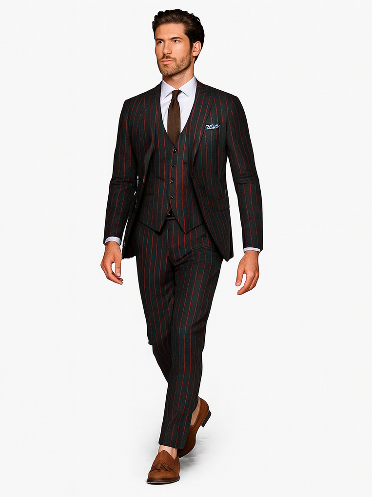 Burgundy Gangster 3 Piece Pinstripe Suit
