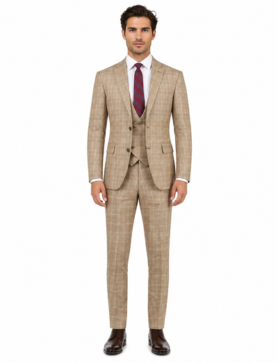 Peak Lapel Plaid Vested Suit - Camel