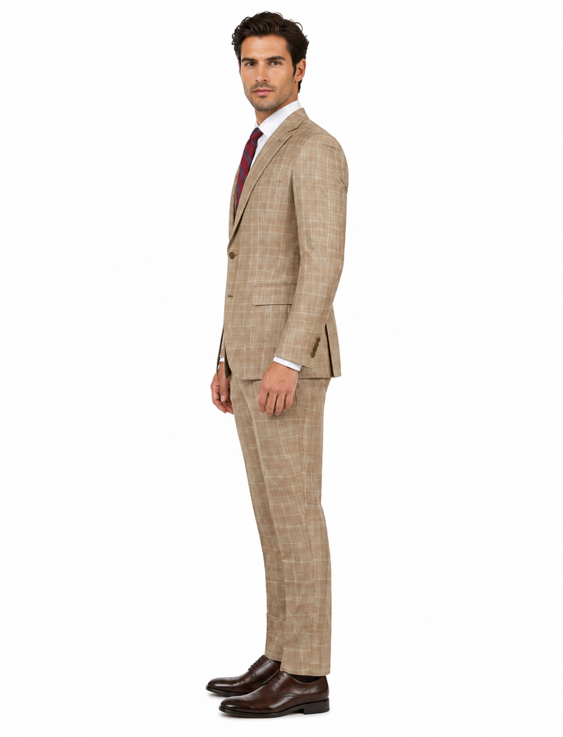 Peak Lapel Plaid Vested Suit - Camel