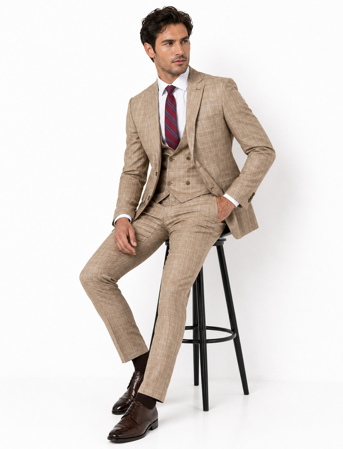 Peak Lapel Plaid Vested Suit - Camel
