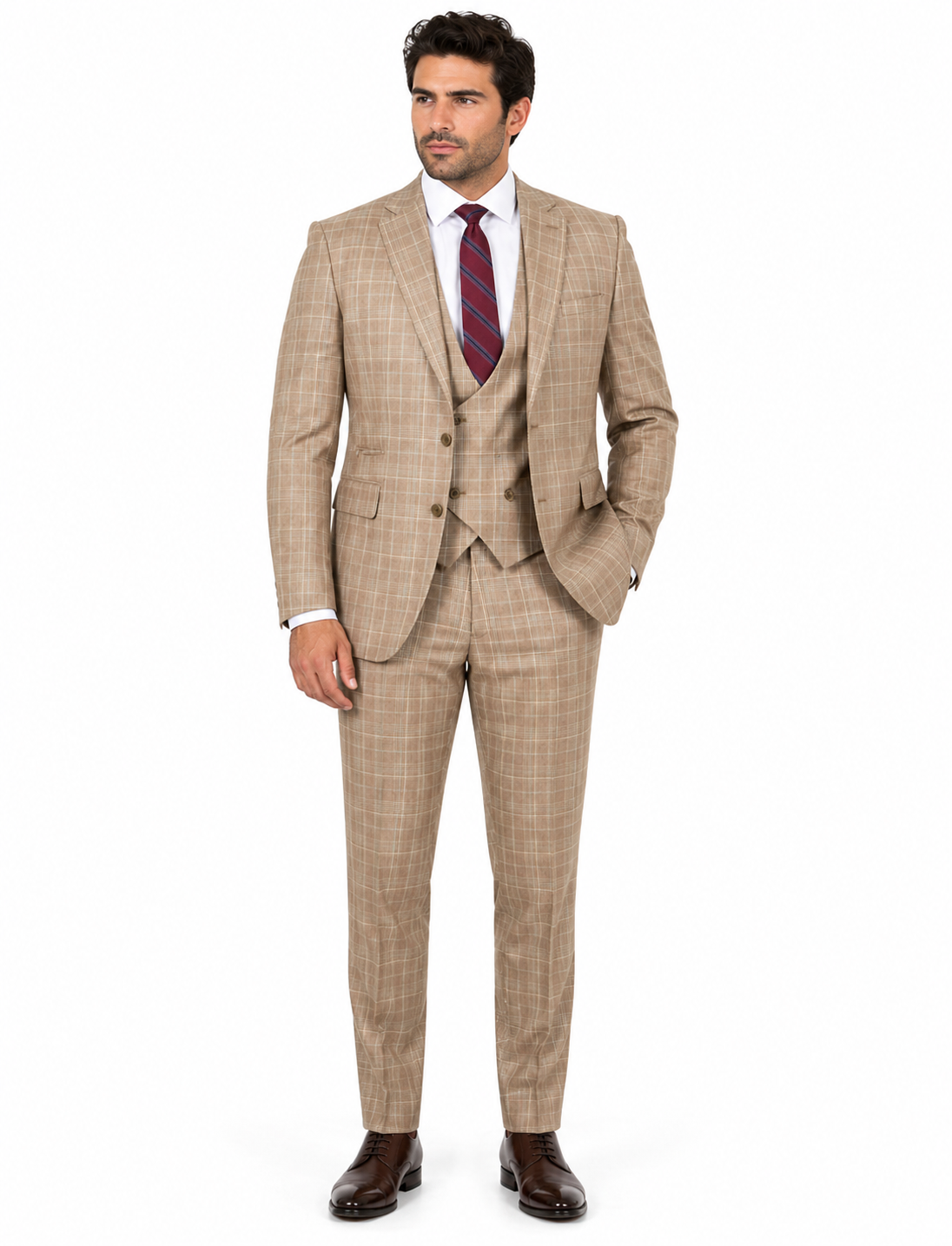 Peak Lapel Plaid Vested Suit - Camel
