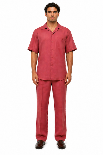 Men's 2 Piece Burgundy Linen Short Sleeve Casual Two Piece Mens Walking Outfit For Sale Pant Sets Casual Big Size Suit