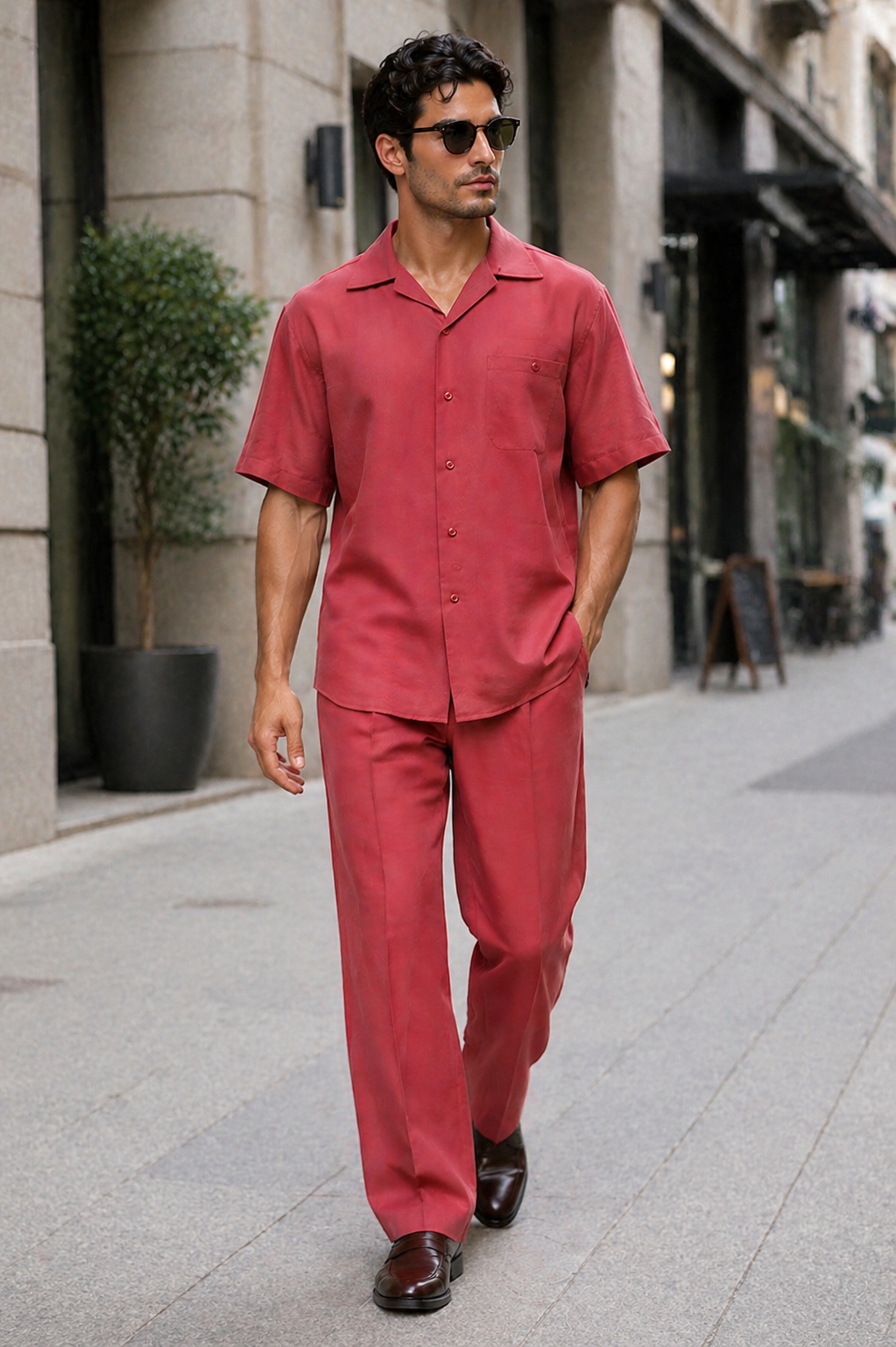 Men's 2 Piece Burgundy Linen Short Sleeve Casual Two Piece Mens Walking Outfit For Sale Pant Sets Casual Big Size Suit