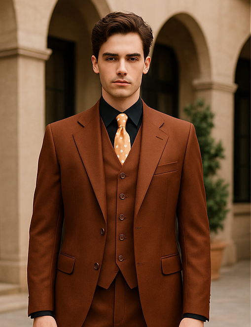 Cognac 2 Button Wool Feel Vested Suit for Men