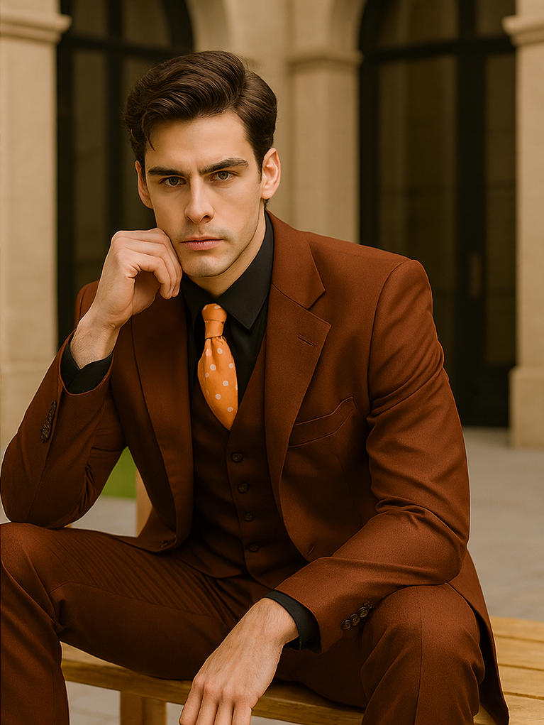 Cognac 2 Button Wool Feel Vested Suit for Men