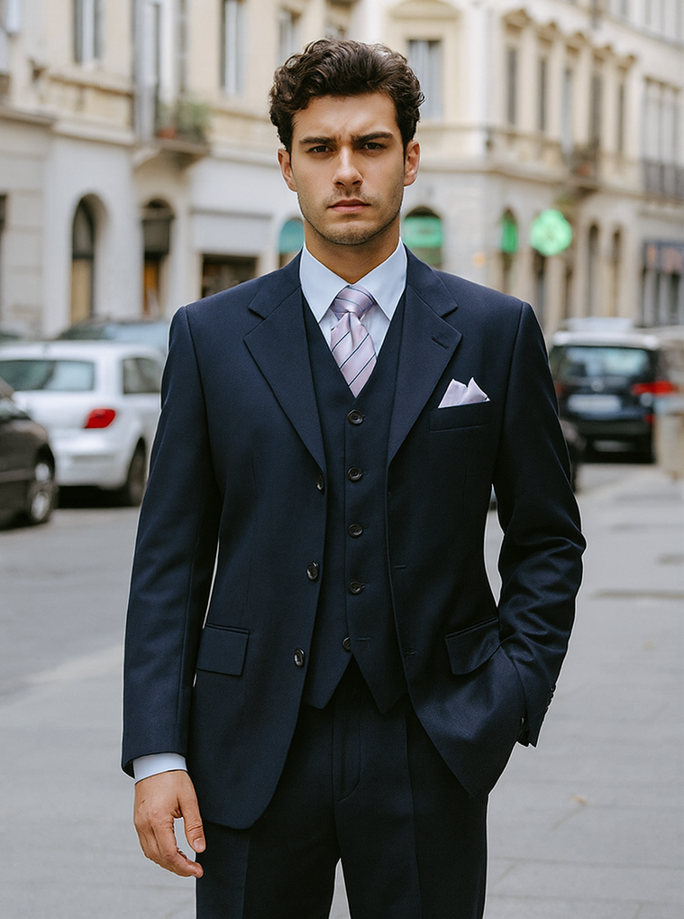 Men’s Navy 3-Button Vested Wool Feel Suit