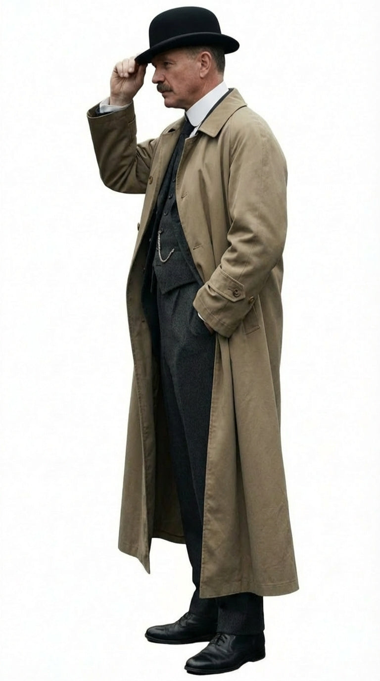 Mens Beige Cotton Trench Coat Suit Package – Classic Long Overcoat for Formal + Suit + Hat