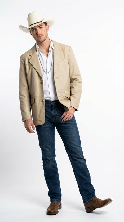 Mens Beige Sand Bone Real Leather Cowboy Western Blazer β Classic Western Style Leather Jacket Casual Formal Ranch Coat for Men