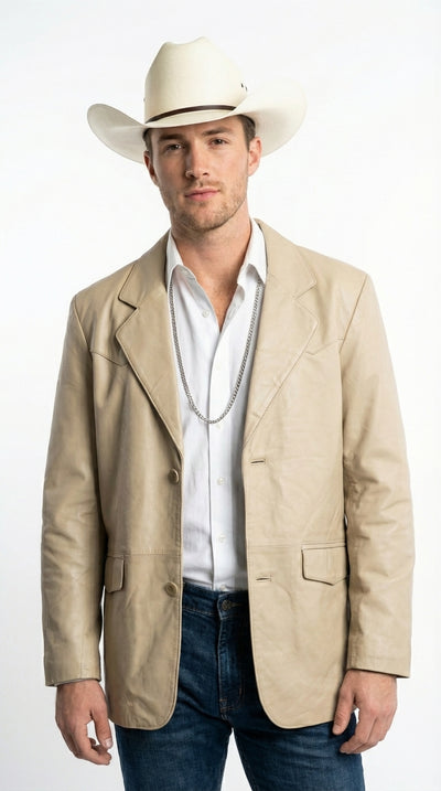 Mens Beige Sand Bone Real Leather Cowboy Western Blazer β Classic Western Style Leather Jacket Casual Formal Ranch Coat for Men