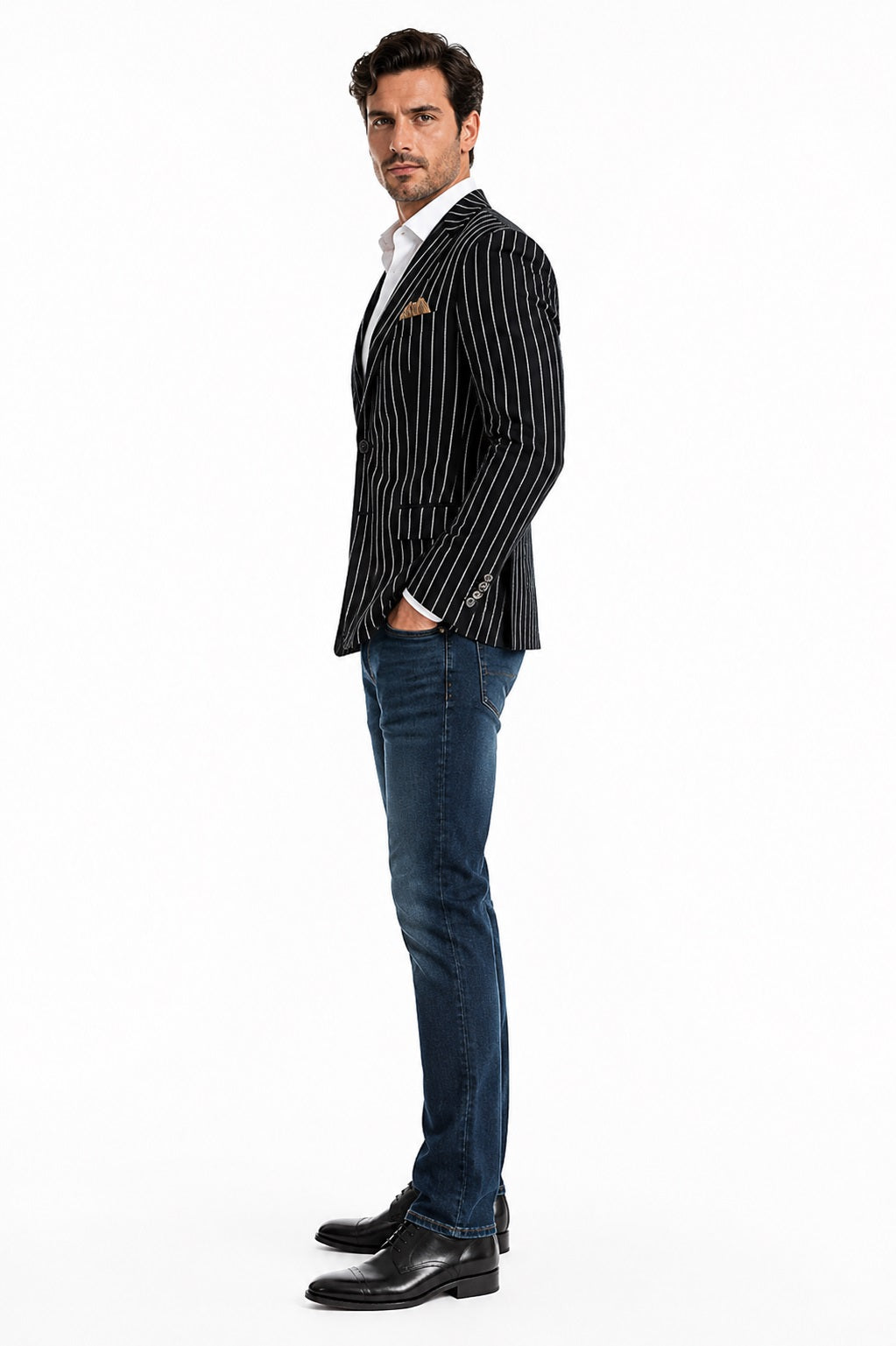 Men's Black and Bold White Stripe Two Button Casual Blazer