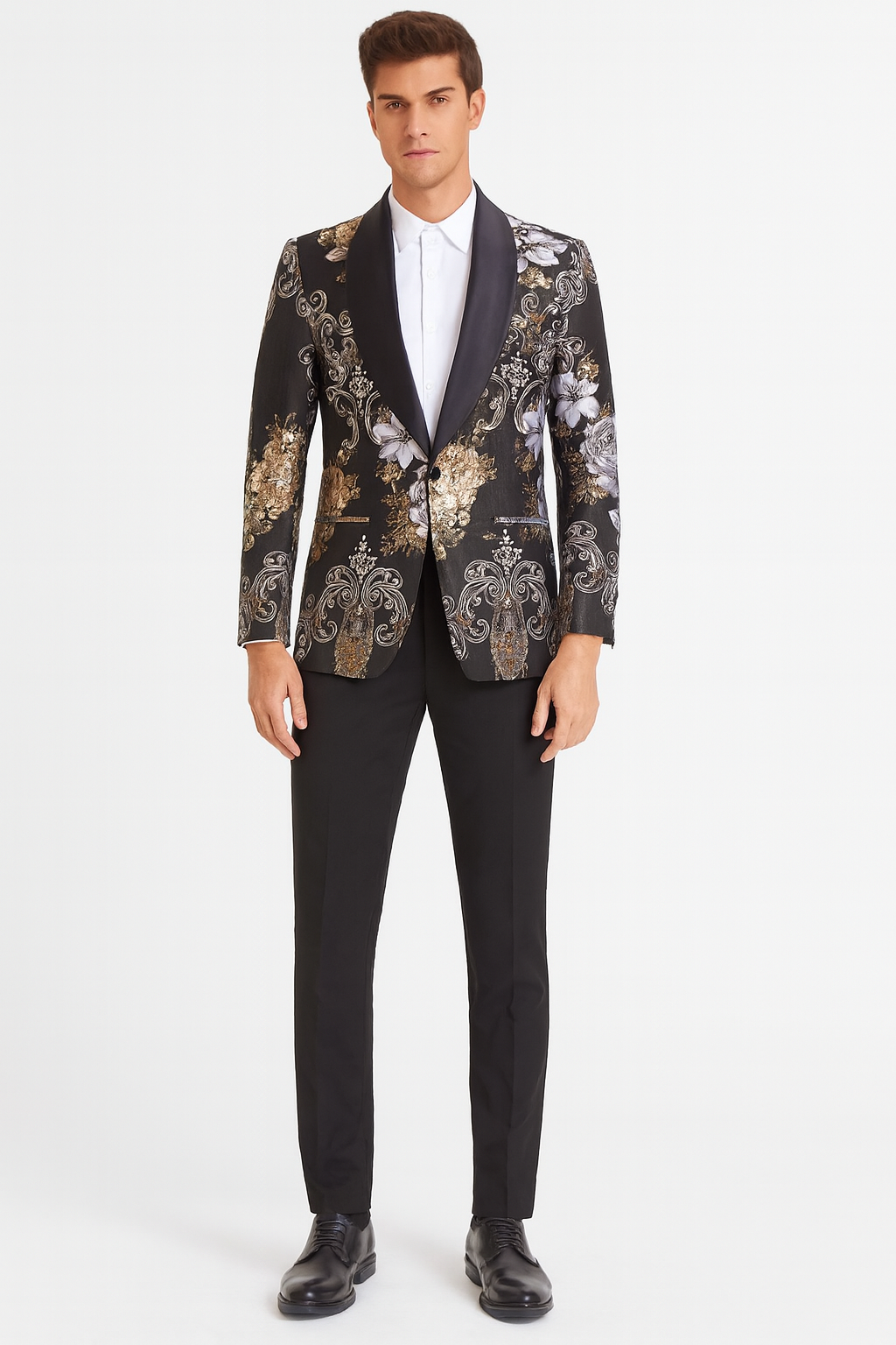 Floral Jacquard Tuxedo Suit with Satin Shawl Lapel