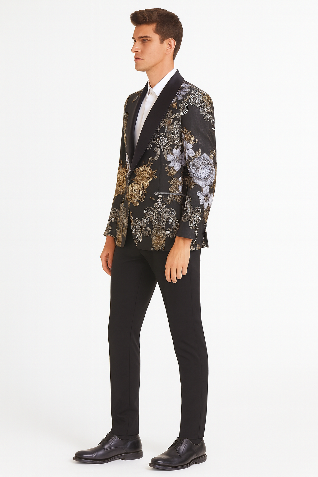 Floral Jacquard Tuxedo Suit with Satin Shawl Lapel