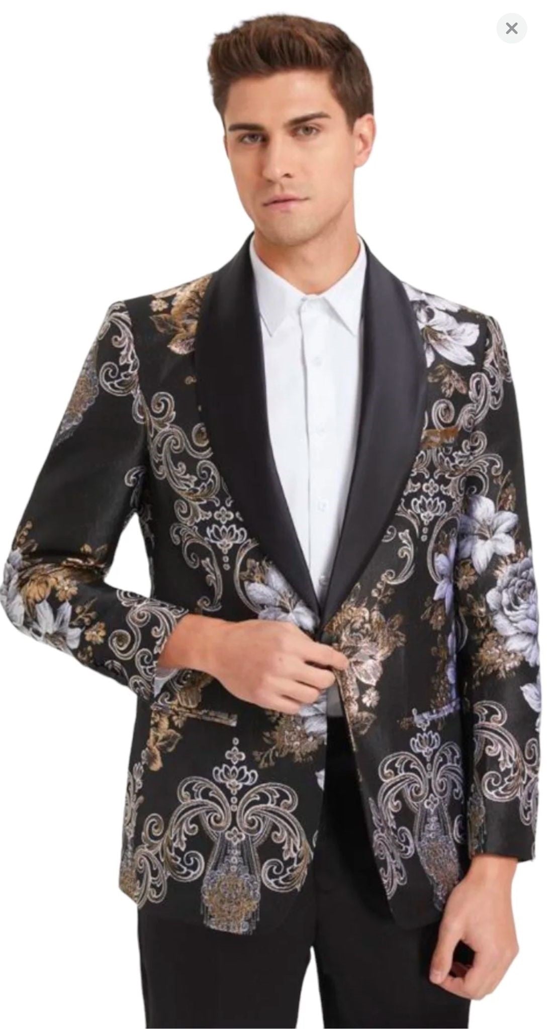 Floral Jacquard Tuxedo Suit with Satin Shawl Lapel