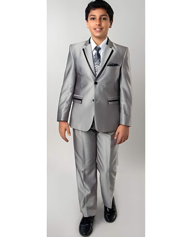 Mens Black and Silver Boys Suits Two Toned Trimmed Sharkskin Prom ~ Wedding Groomsmen Tuxedo Toddler Suits for Weddings