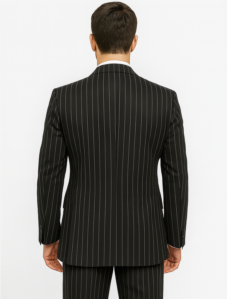 Men's Black and White Gangster Bold PinStripe Mars Vested 3 Piece Fashion Suit