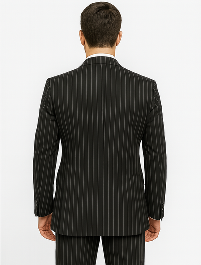 Men's Black and White Gangster Bold PinStripe Mars Vested 3 Piece Fashion Suit