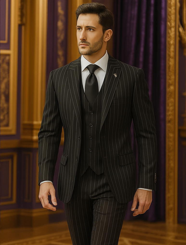 Men's Black and White Gangster Bold PinStripe Mars Vested 3 Piece Fashion Suit