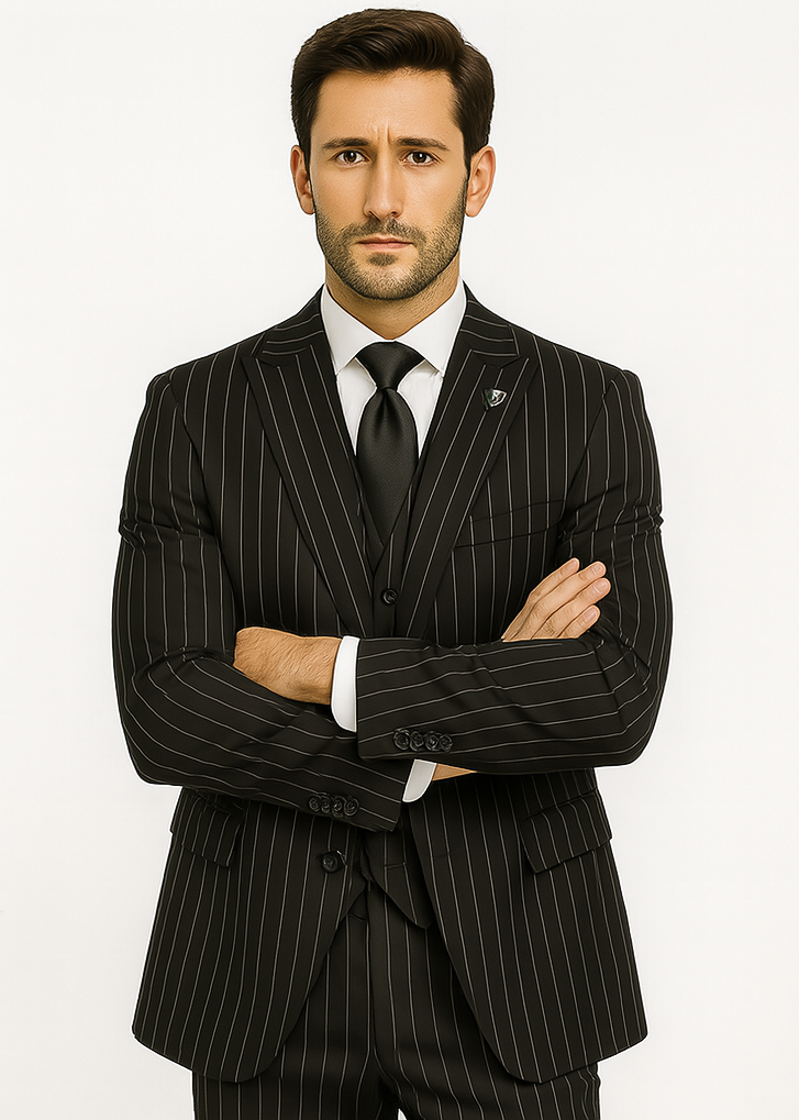 Men's Black and White Gangster Bold PinStripe Mars Vested 3 Piece Fashion Suit