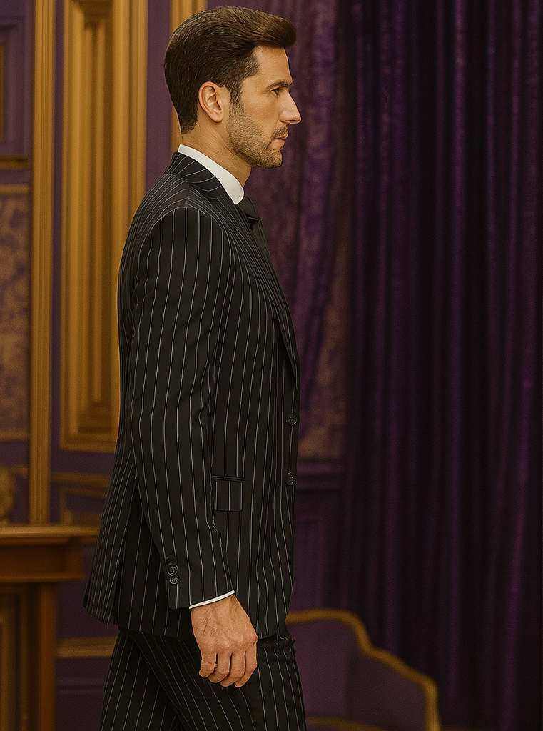 Men's Black and White Gangster Bold PinStripe Mars Vested 3 Piece Fashion Suit