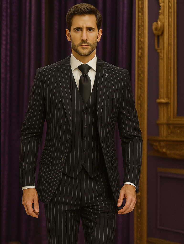 Men's Black and White Gangster Bold PinStripe Mars Vested 3 Piece Fashion Suit