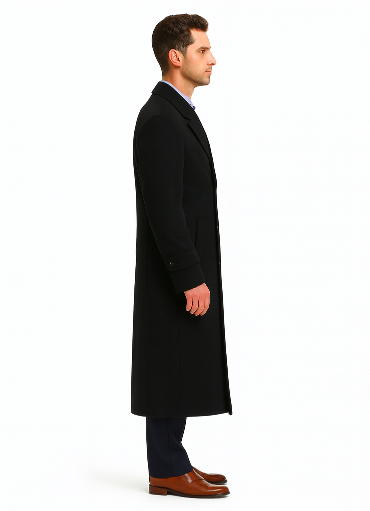 Men's Black Diamond Solid Black Wool Double Breasted Gabardine Trench Coat