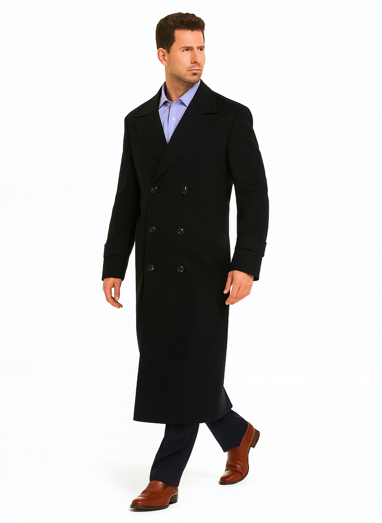 Men's Black Diamond Solid Black Wool Double Breasted Gabardine Trench Coat