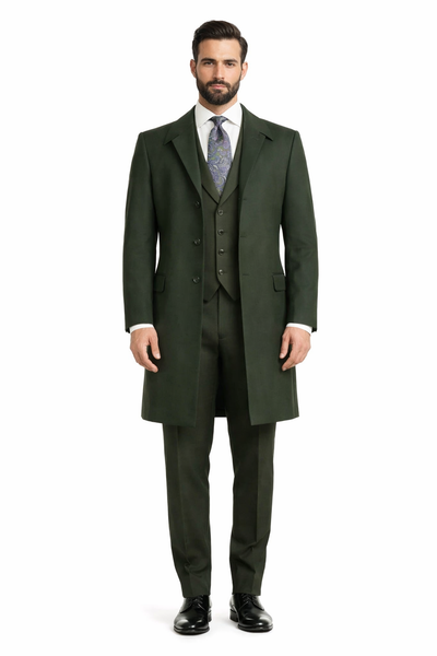 Wool Gabardine Belted Men's Green Duster Coat
