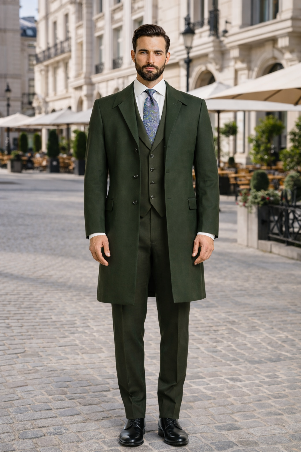 Wool Gabardine Belted Men's Green Duster Coat