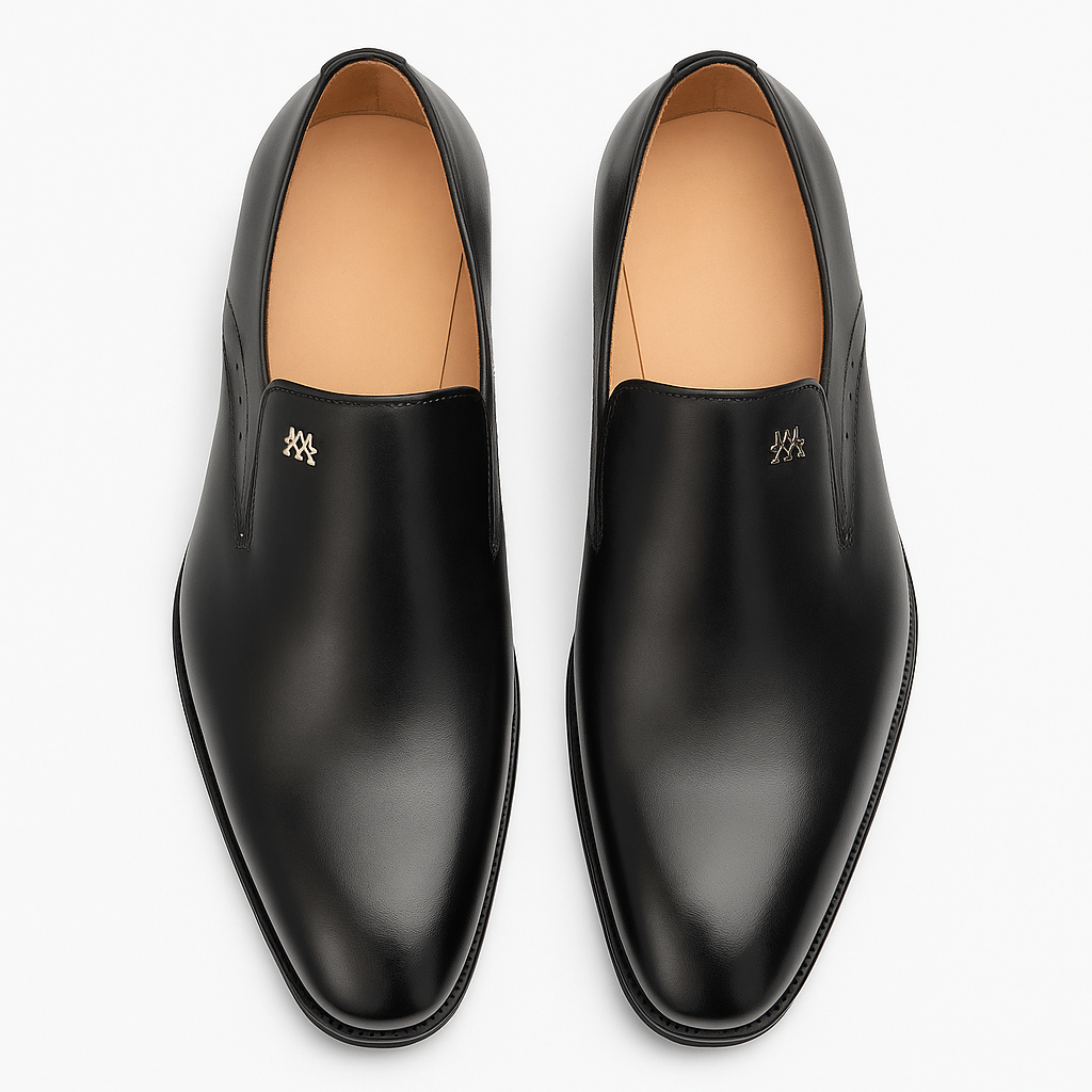 Patina Calfskin Black Double Gore Slip-ons by Mezlan
