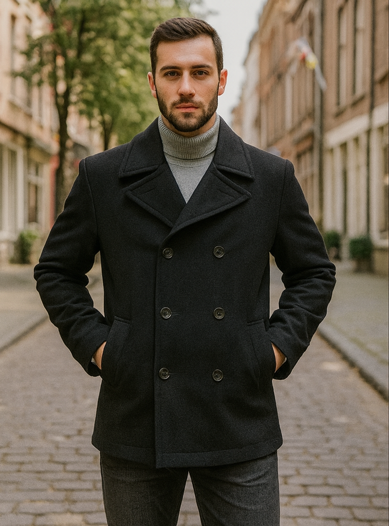 Men's Black Regular Fit Double Breasted Big And Tall Wool Men's Peacoat