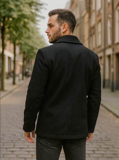 Men's Black Regular Fit Double Breasted Big And Tall Wool Men's Peacoat