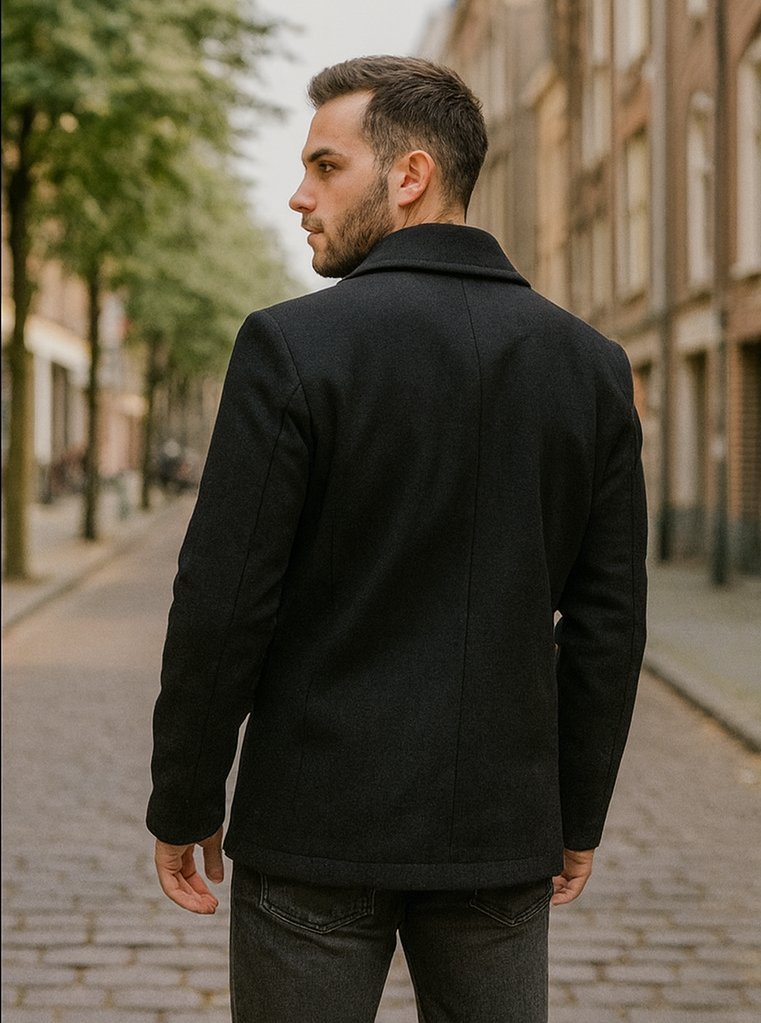 Men's Black Regular Fit Double Breasted Big And Tall Wool Men's Peacoat