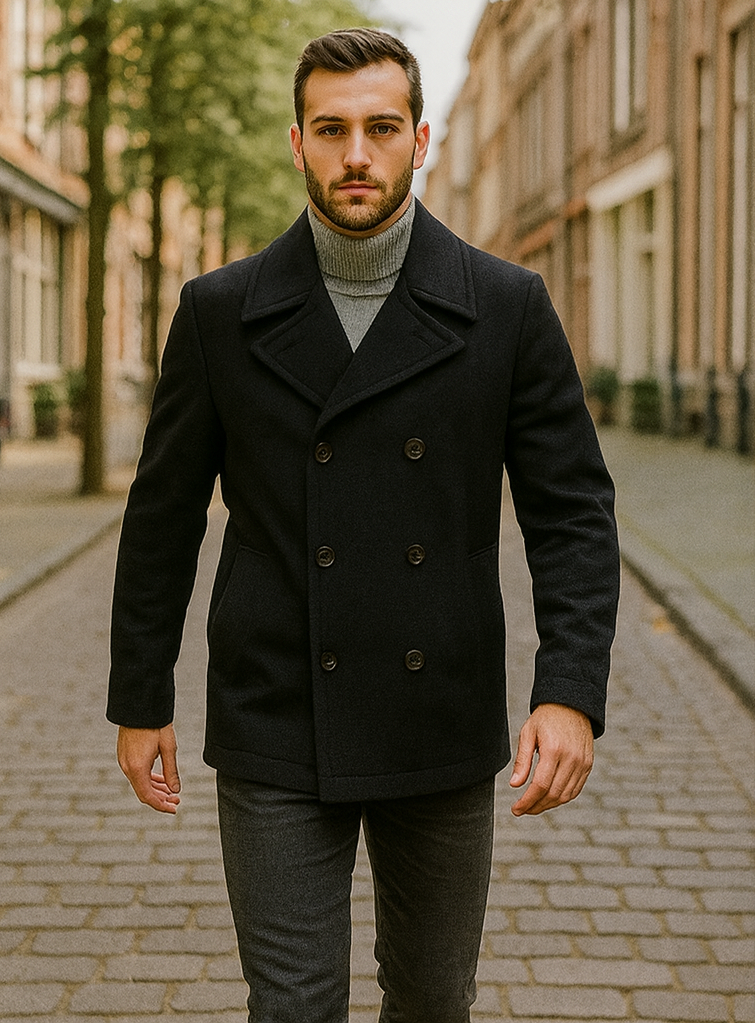 Men's Black Regular Fit Double Breasted Big And Tall Wool Men's Peacoat