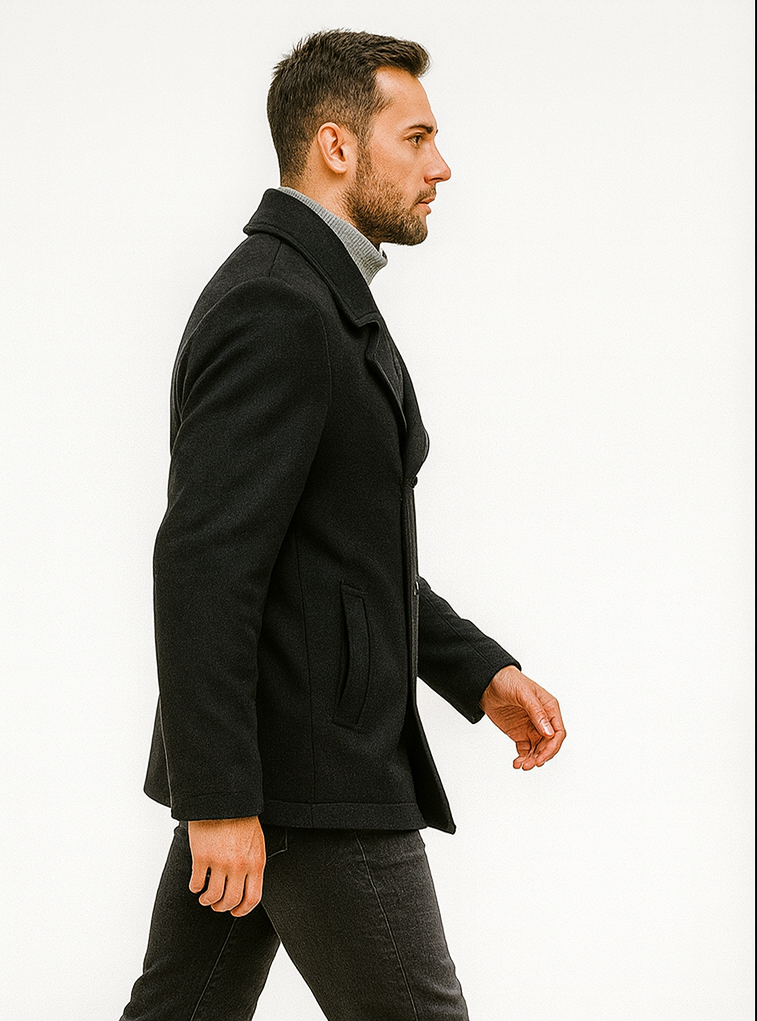 Men's Black Regular Fit Double Breasted Big And Tall Wool Men's Peacoat