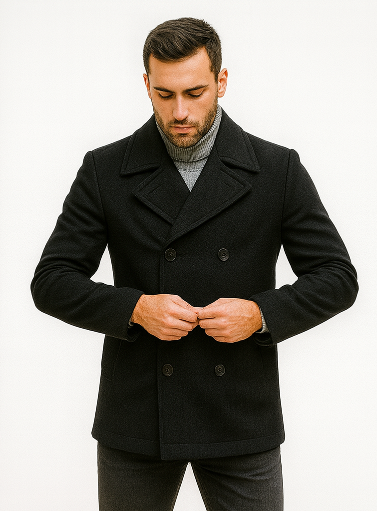 Men's Black Regular Fit Double Breasted Big And Tall Wool Men's Peacoat