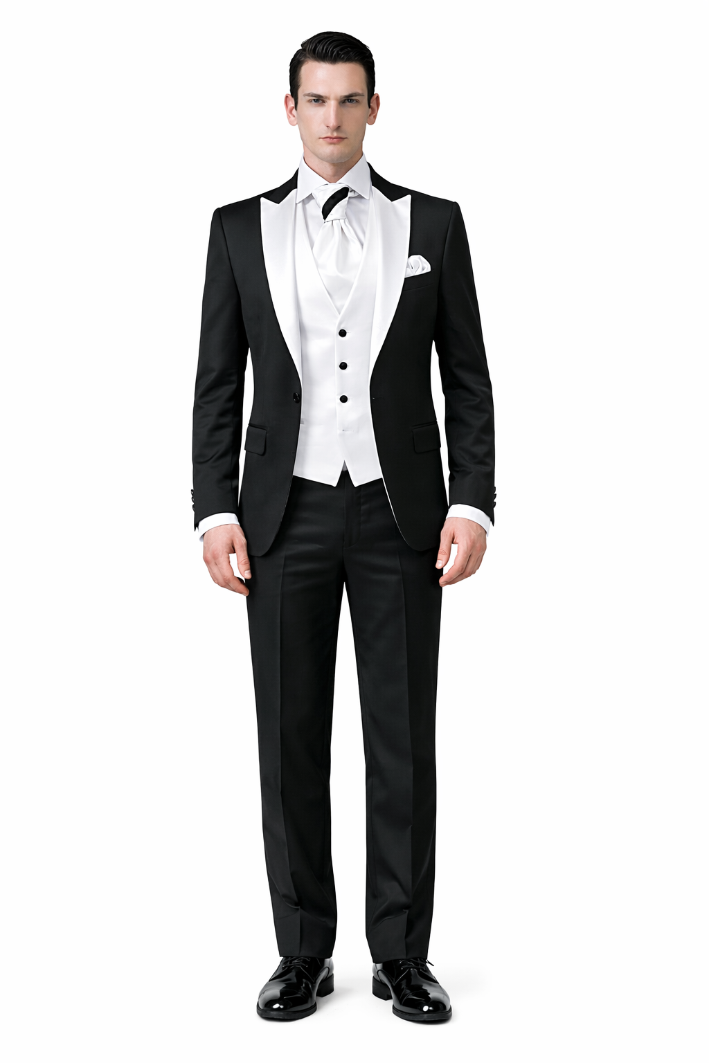 Men's Black and White Lapel Peak Lapel Vested 3 Piece 1 Button Tuxedo With White Lapel Suit with white vest or black vest
