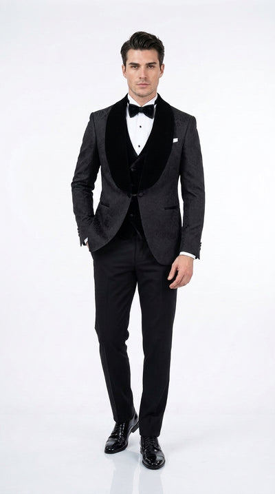 Men’s Black With Velvet collar 3 Piece Tuxedo Suit – Floral Jacquard Dinner Jacket with Vest and Bowtie