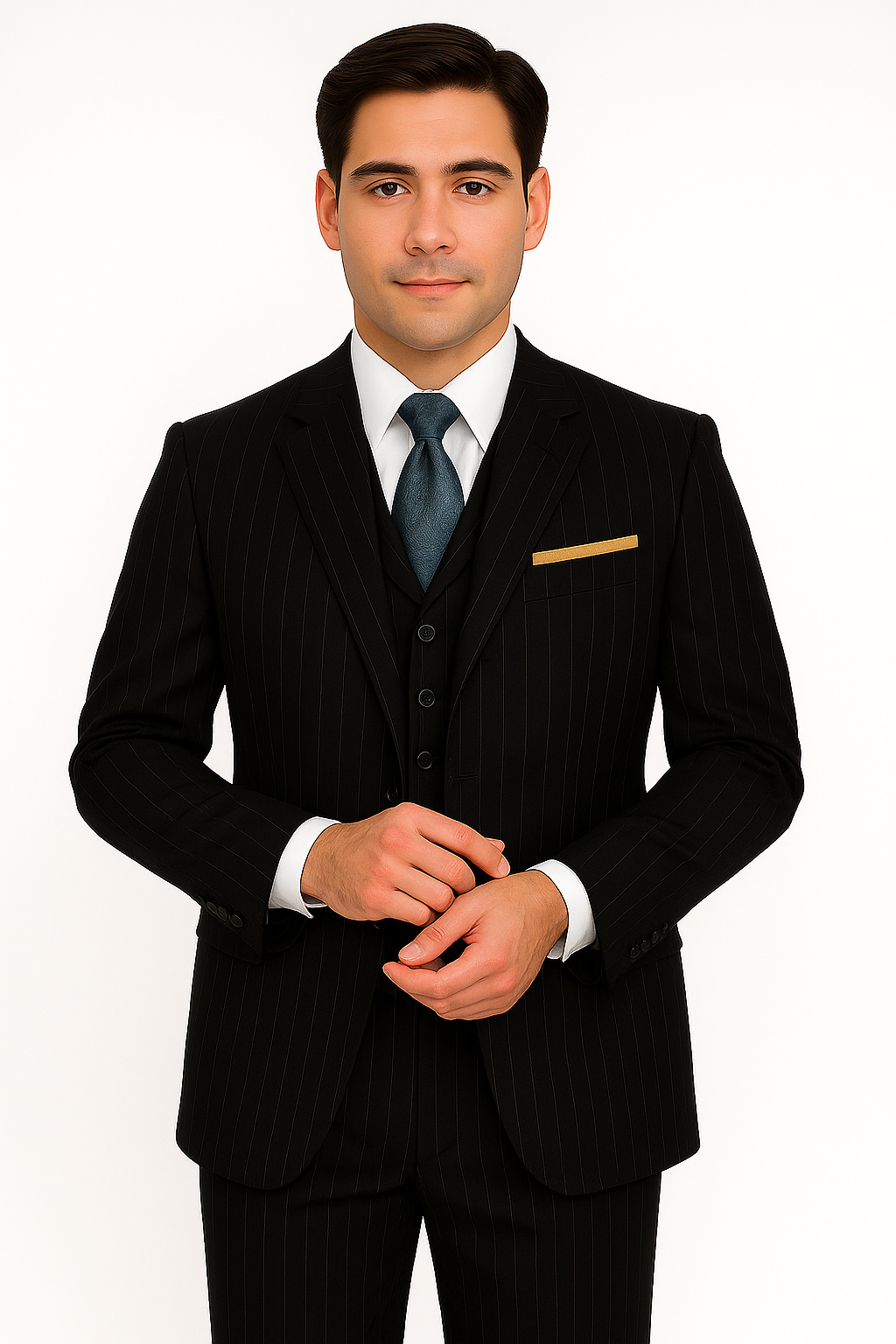 3 Button 3 Piece Suits Vested 100% Wool Suits Vested Black Stripe ~ Pinstripe Pleated Pants