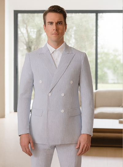 Blue Pinstripe Seersucker Double Breasted Suit