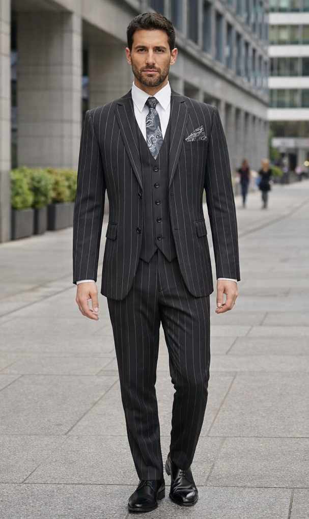 Men's Bold Gangster 1920s Vintage Black and White Gangster Bold Stripe 2 Button Vested Suit