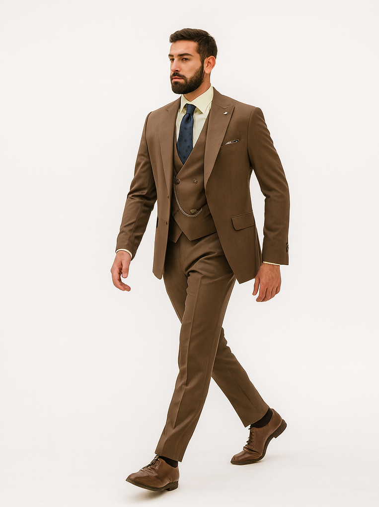 Men’s Brown 3-Piece Suit with Vest and Chain