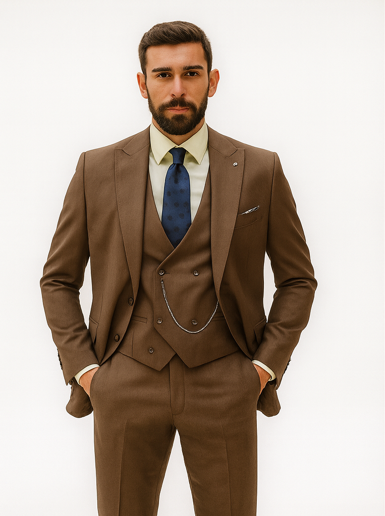 Men’s Brown 3-Piece Suit with Vest and Chain
