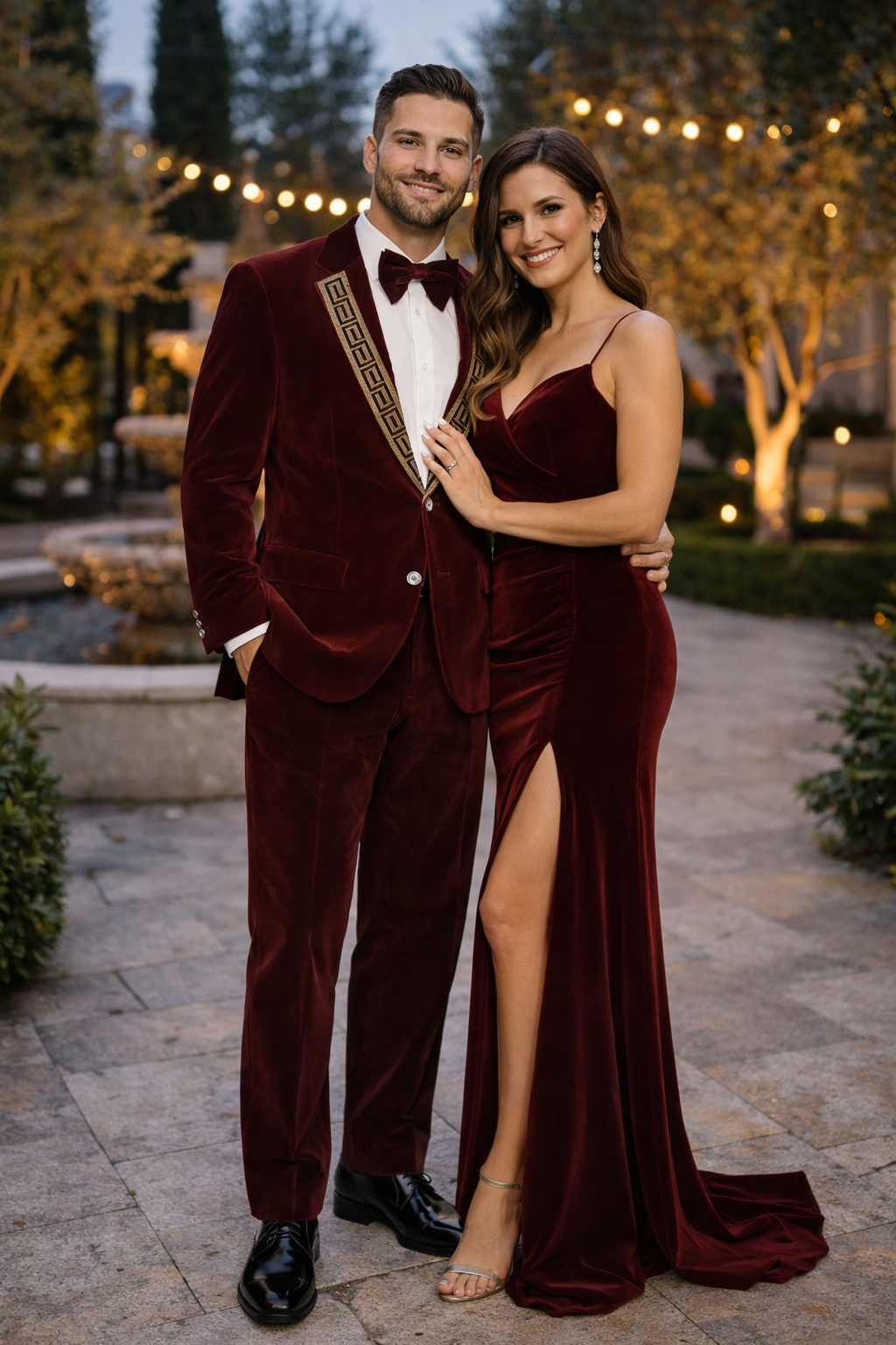 Burgundy Velvet Prom Tuxedo with Gold Lapel
