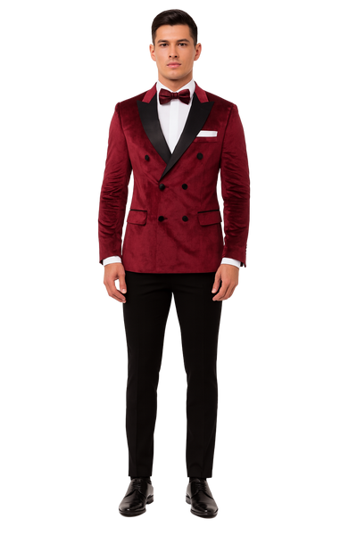 SKU#JA58269 Mens Burgundy Velvet Tuxedo - Velvet Suits Double Breasted Tuxedo Suits - Slim Fit